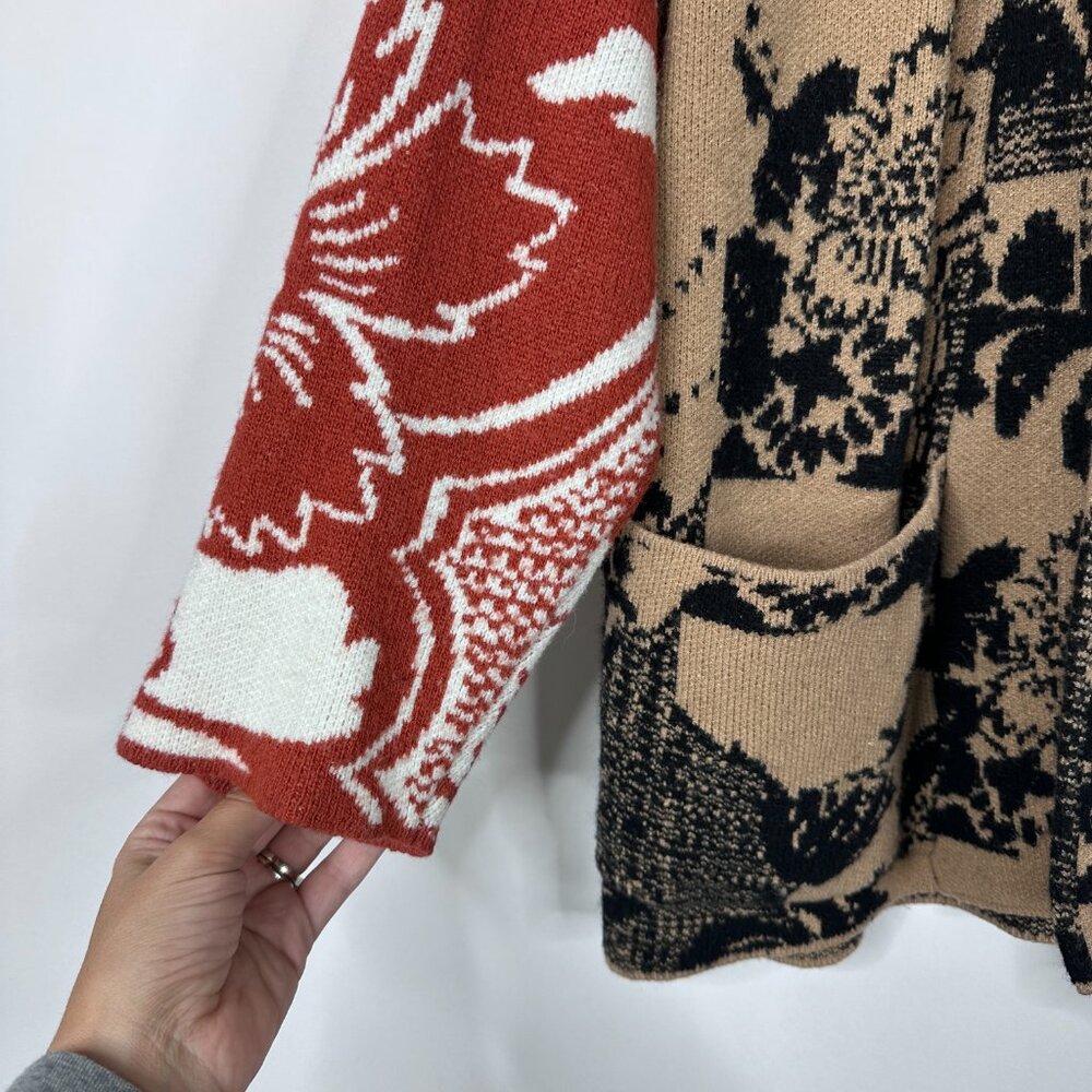Anthropologie Lola Cocoon Cardigan Open Front Patchwork Tan Red XS/S #A1045 - Picture 7 of 16